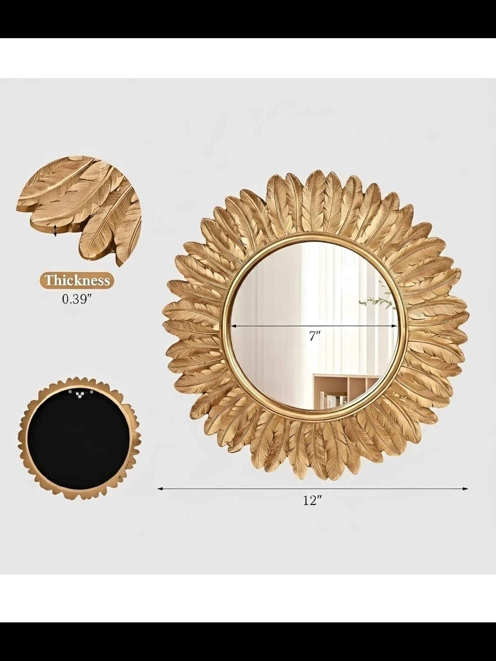 Decorative Gold Feather Sunburst Mirror - Home Wall Decor - Picture 2 of 7
